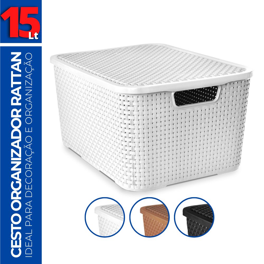 Caixa Cesto Rattan Organizadora c/ Tampa Multiuso 15L 34x26