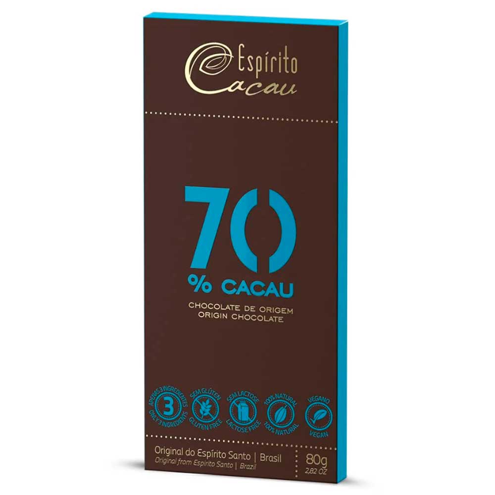 Tablete de Chocolate Amargo 70% Cacau Vegano 80g - Espírito Cacau