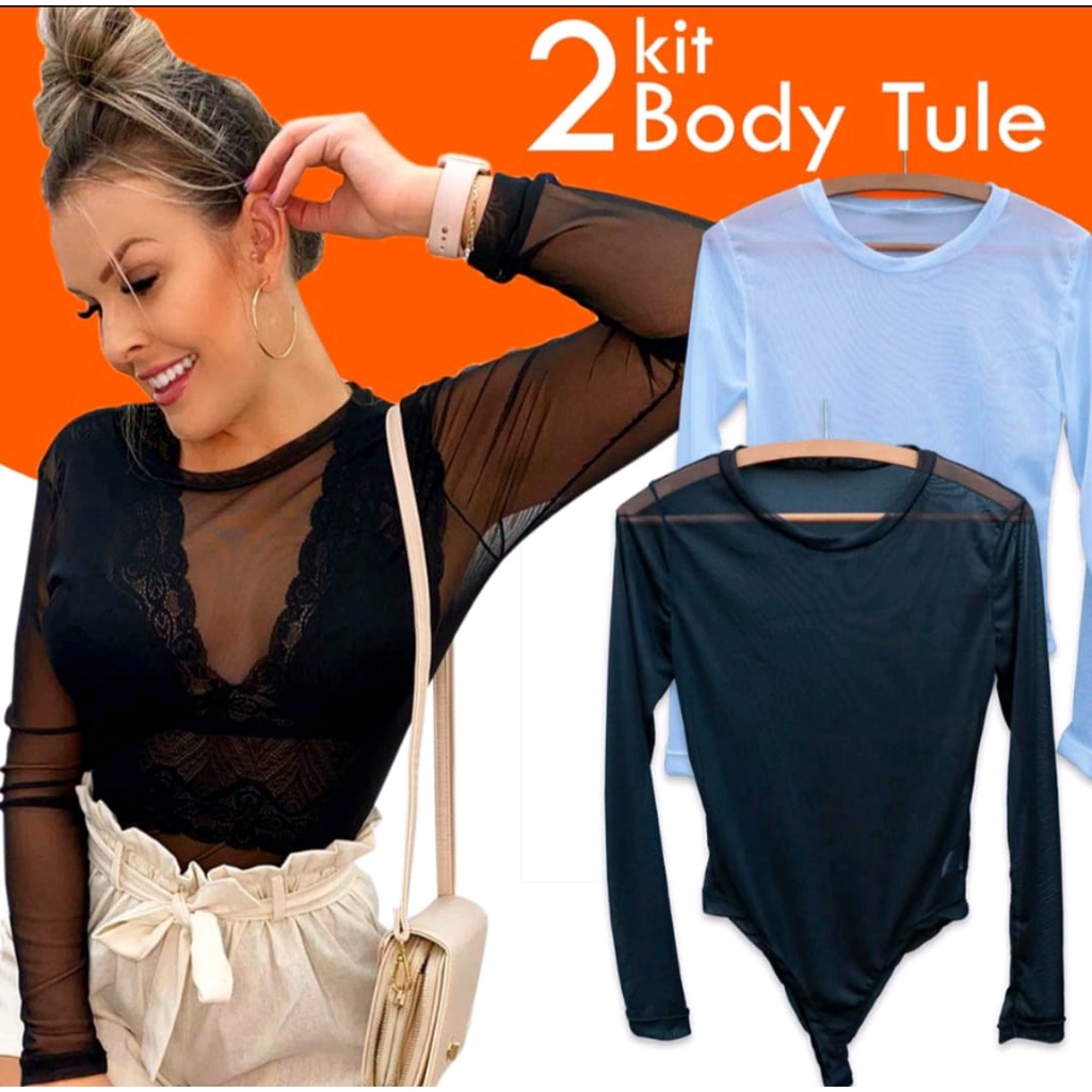 kit 2 Body Tule Feminino Manga Longa Transparente Bori Tuli Preto e ...