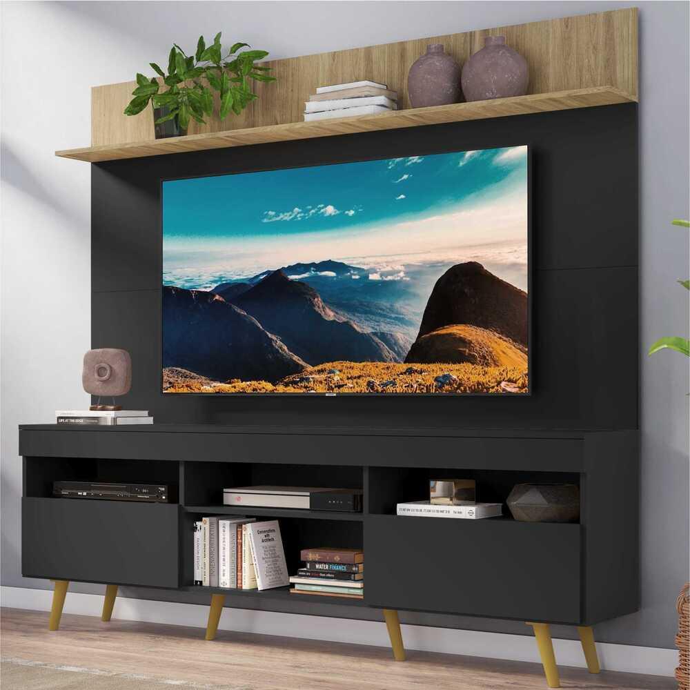 Rack com Painel TV 65" Madri Multimóveis Preto/Rustic com Prateleira e Pés Retrô Natural - Home & Living