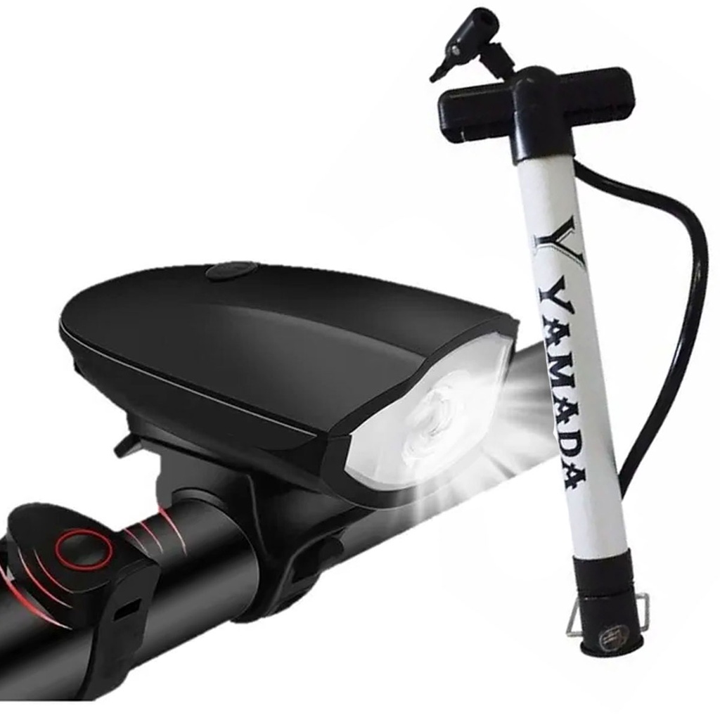 Lanterna Para Bicicleta Com Buzina Farol Bike + Bomba De Encher Pneu De Bike Alumínio 30cm Yamada