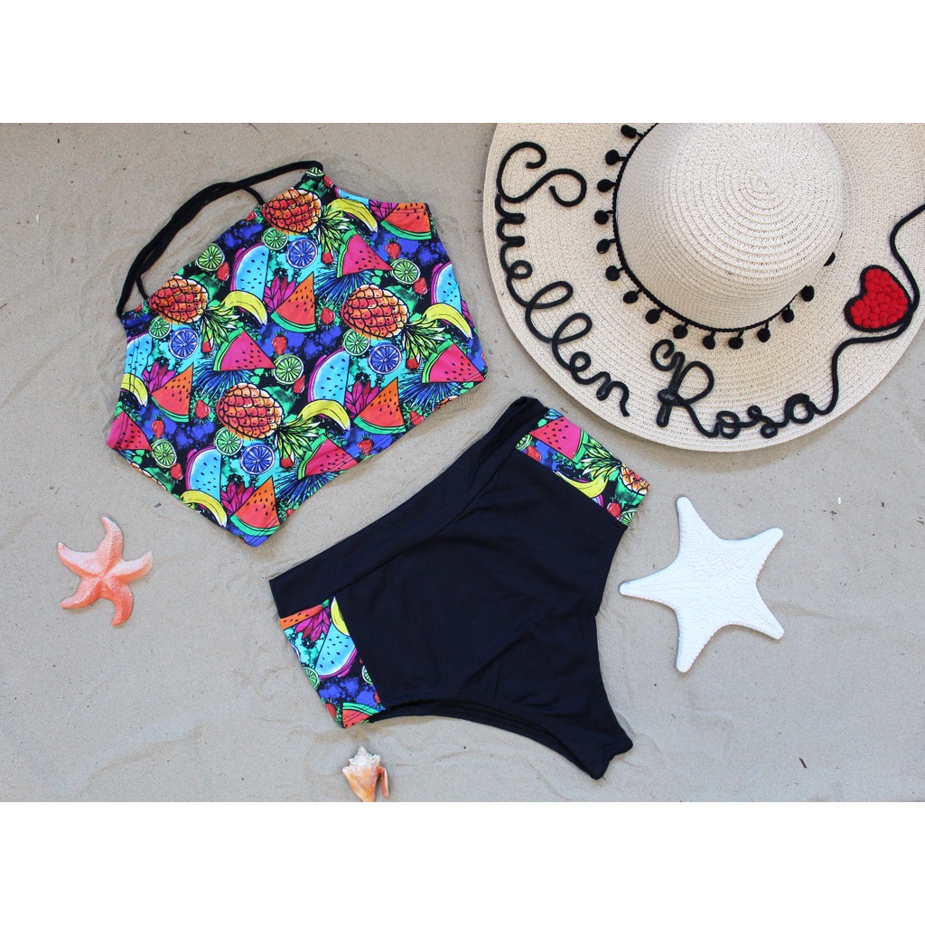 Biquíni Cintura Alta TOP Hotpants Frutas Melancia Com Bojo e Forro