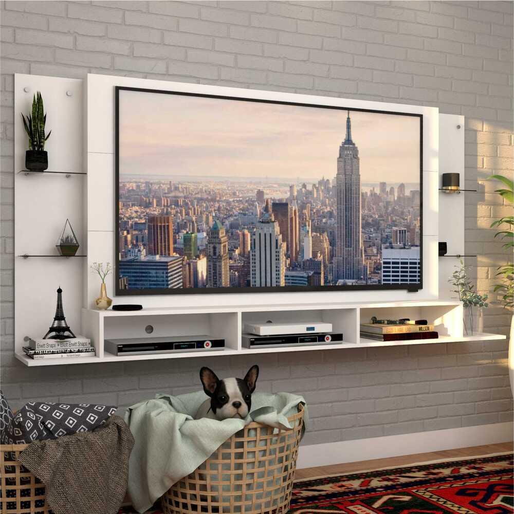 Painel p/ TV 65" c/ prateleiras vidro Braga Plus Multimóveis - Home & Living