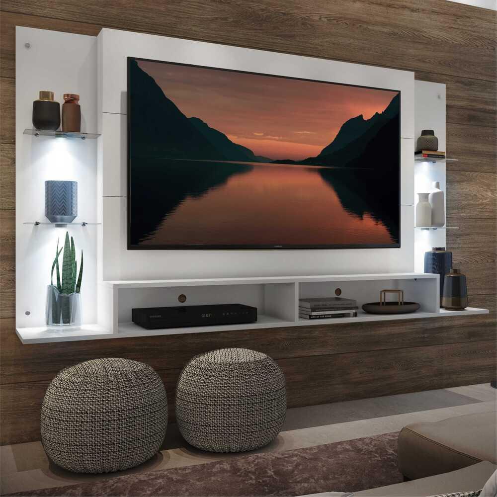Painel TV 60" com 4 Leds e Prateleiras de Vidro Vegas Multimóveis Branco em Oferta na Shopee