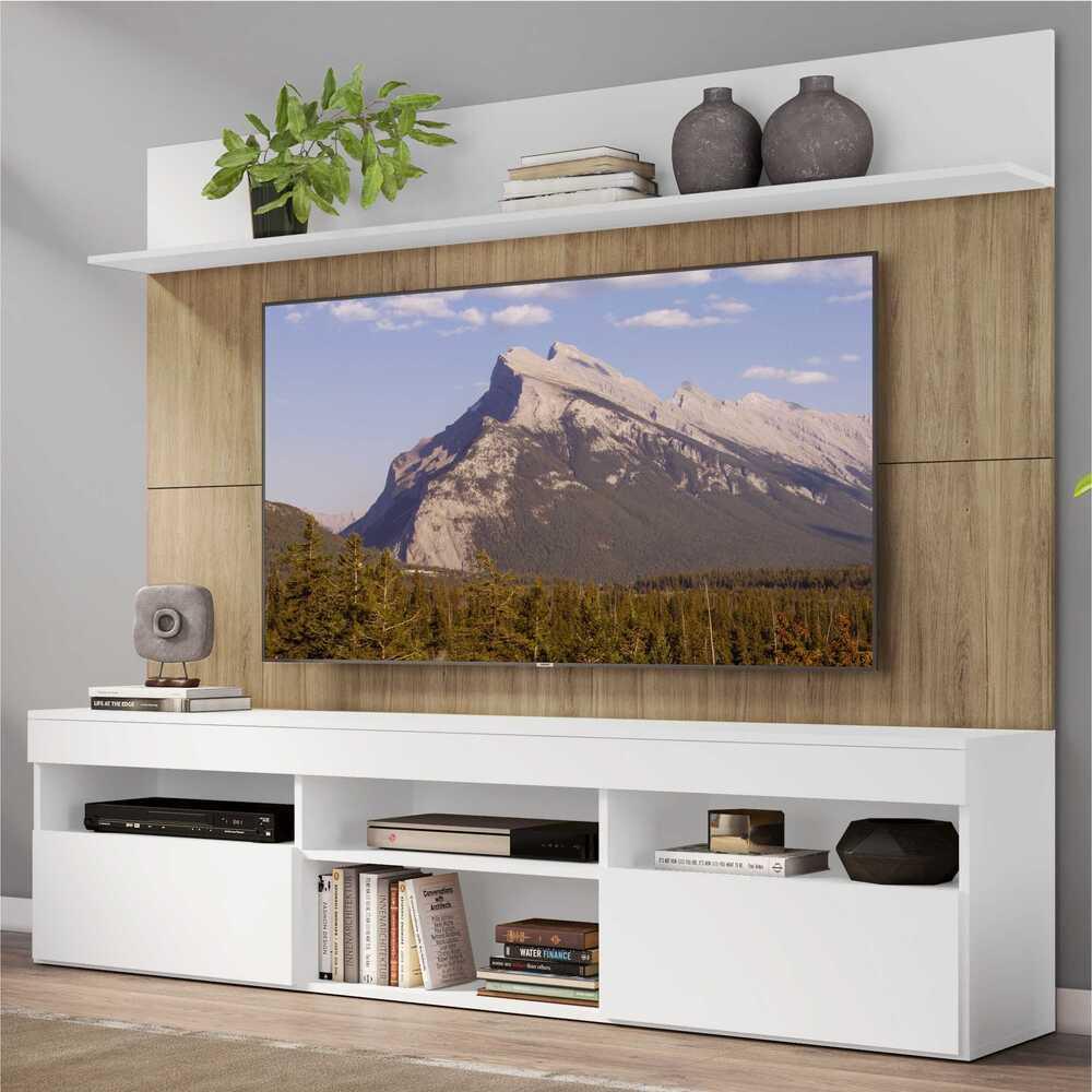 Rack com Painel TV 65" Madri Multimóveis Branco/Rustic com Suporte e Prateleira Branca - Home & Living