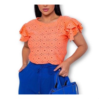 Blusa feminina laise elegante gola rasa manga dois babados