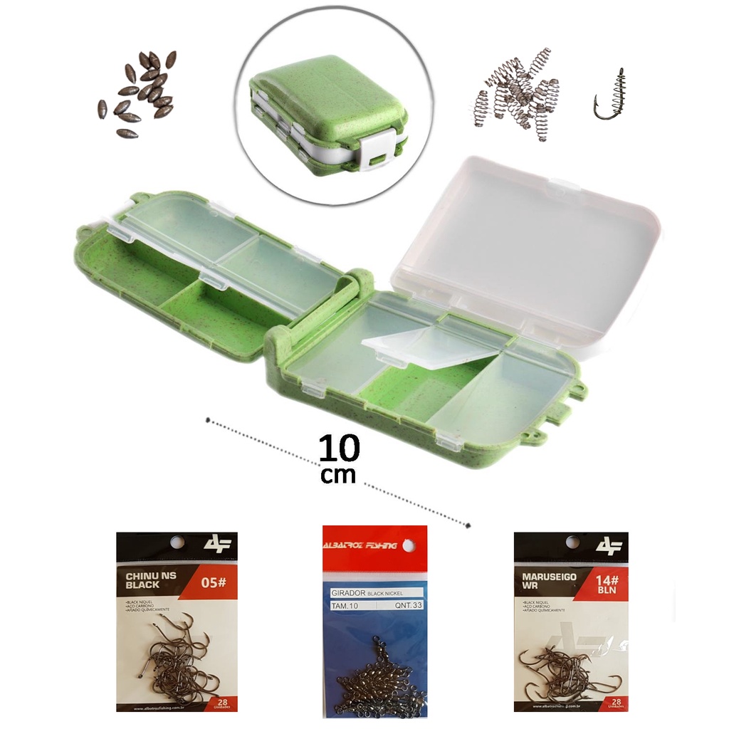 Mini Estojo de Bolso + 56 Anzois de Pesca + Giradores + Chumbadas + Molinhas em Oferta na Shopee