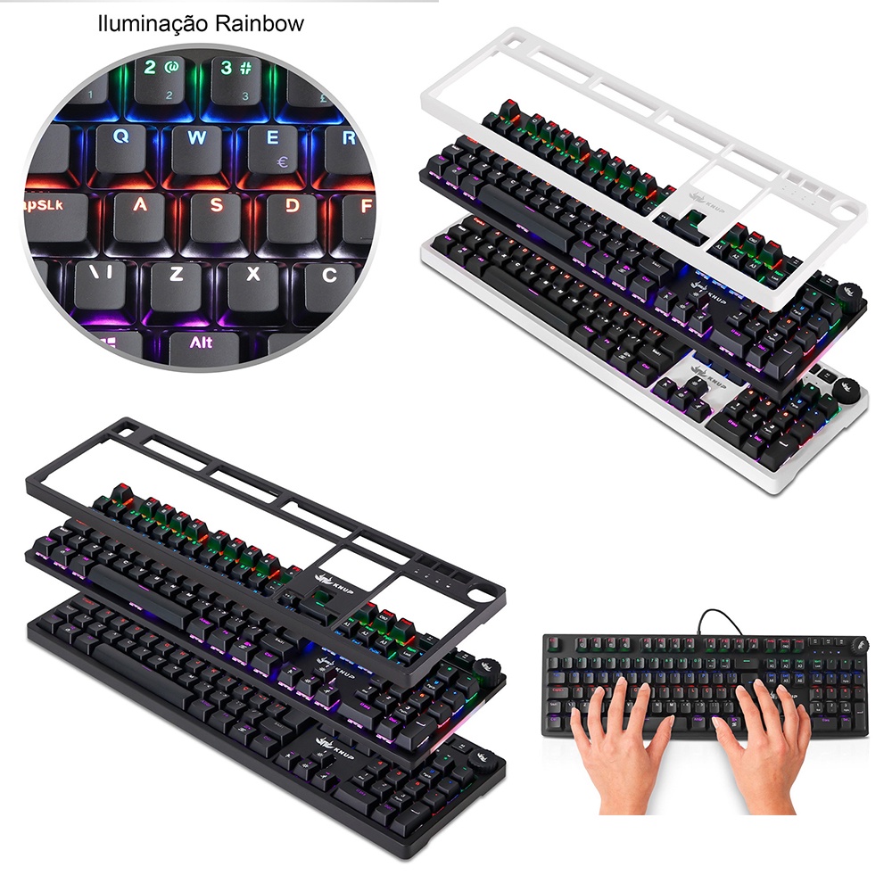 Teclado Mecânico Switch Gamer 2 Case Multimídia Ajuste Volume Led Rainbow Abnt2