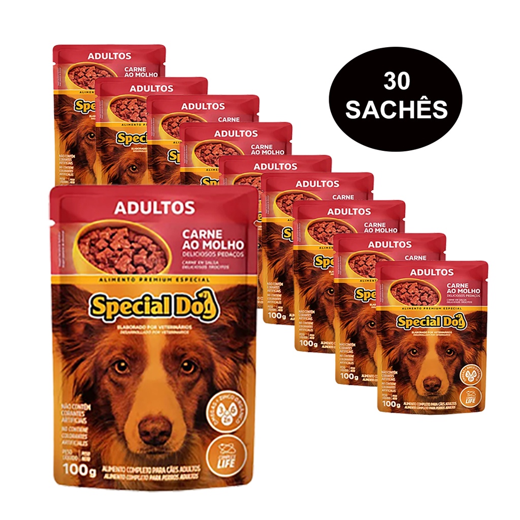 Kit 30 Ração Special Dog Sachê Cães Adultos Carne - 100g em Oferta na Shopee