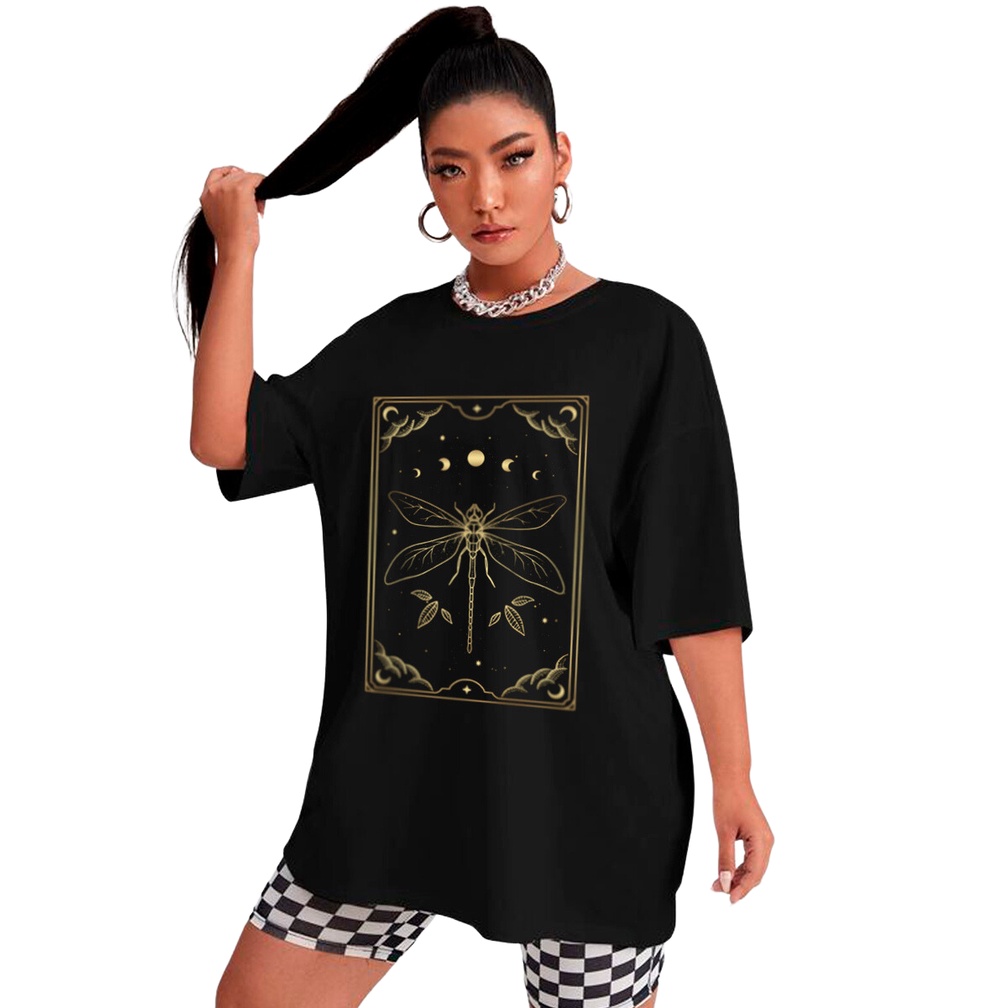 Imagem Camiseta Oversized Longa Estampa Mistica Libelula Signo Tarot 100% Algodão Fio 30.1