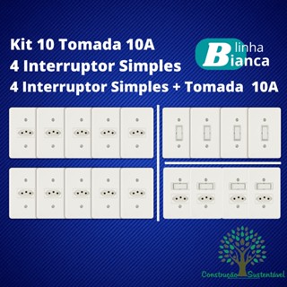 Kit 4 Interruptores Simples + 4 Interruptores Simples Com Tomada 10A + 10 Tomadas 10A - Linha Bianca Apoio (Apagador e Tomada)