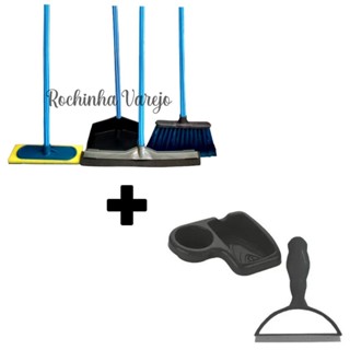 Kit Vassoura, Rodo Grande de 40cm, Pá de Lixo, Lava Limpa Azulejo Esfregão + Porta Suporte Detergente e Sabão e Esponja com Rodinho de Pia