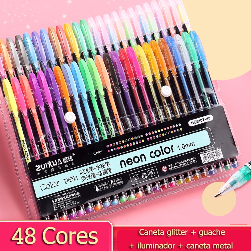 12/24/48 Cores Glitter Esboço Desenho Cor Marcadores Caneta Gel Set Recarga Neon Pastel Marcador Material Escolar Papelaria