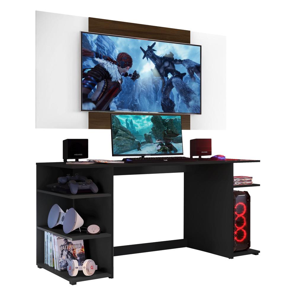 Mesa Gamer Escrivaninha com Painel TV 55" Guilda Multimóveis Preto/Branco/Madeirado