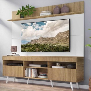 Rack com Painel TV 65" Madri Multimóveis Rustic/Branco com Prateleira e Pés Retrô Branco em Oferta na Shopee