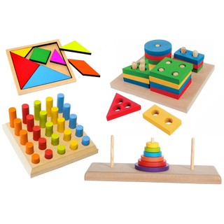 Kit TORRE HANÓI + PINOS ENCAIXE + TANGRAM + FORMAS GEOMÉTRICAS Brinquedo Educativo