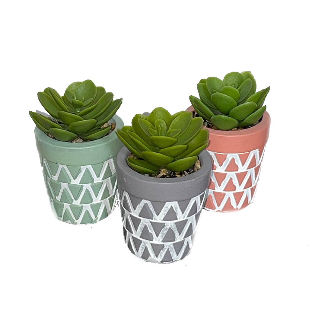 Kit 3 Vasos Com Plantas Artificiais Pintura Geométrica Decoração Enfeite Para Sala, Banheiro, Quarto