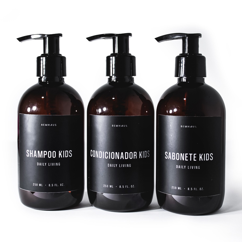 KIT 3 FRASCOS AMBAR KIDS INFANTIL DISPENSER BEMHAUS 250ml PRETO