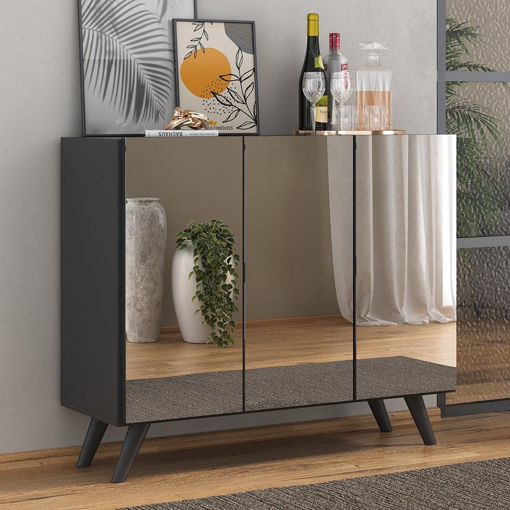 Aparador Buffet 3 Portas com Espelho Retrô Vegas Multimóveis MP1013 Preto em Oferta na Shopee