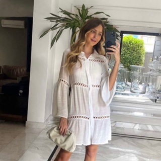 Saída de Praia Feminina Chemise com Detalhes Vazados e Manga Sino em Oferta na Shopee