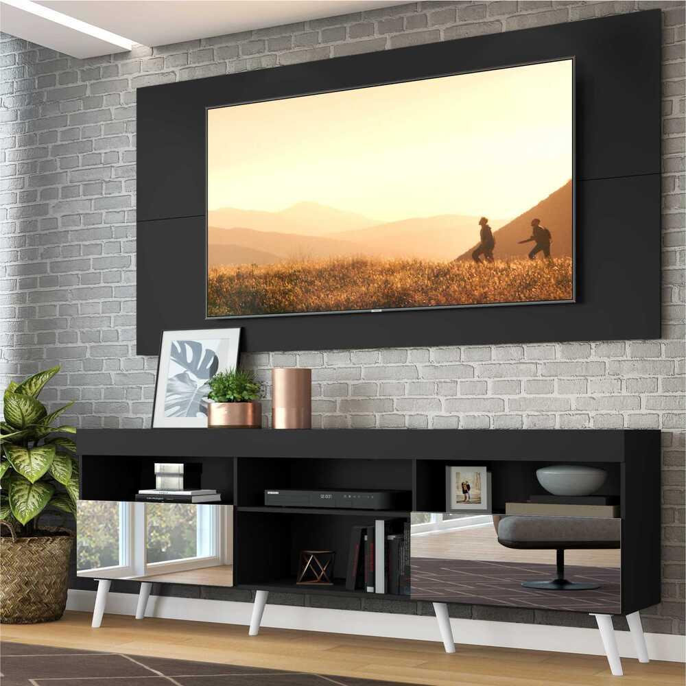 Rack c/ Painel e Suporte TV 65" c/ Espelho e Pés Retrô Flórida Multimóveis Preto/Branco em Oferta na Shopee