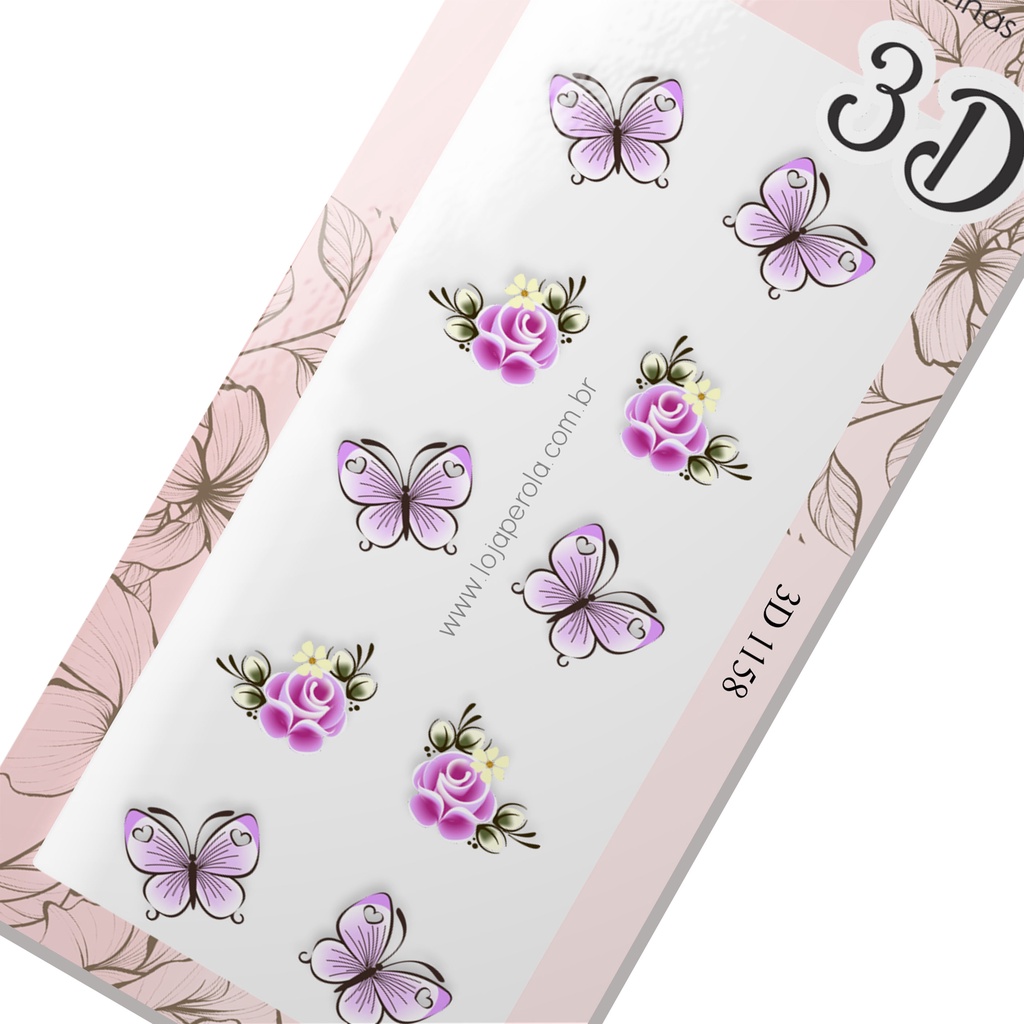 Adesivo 3D para Unhas Borboleta e flor lilas- 3D 1158 em Oferta na Shopee