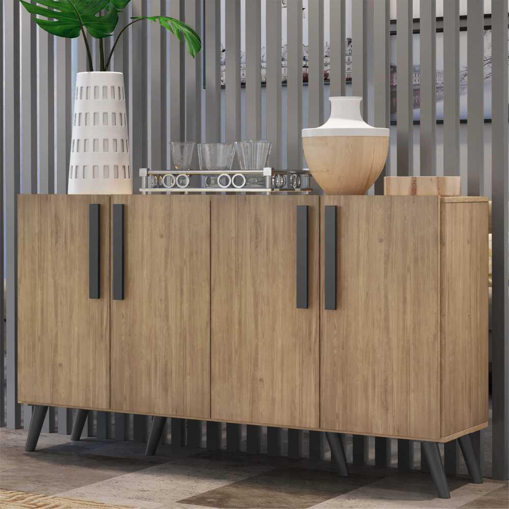 Aparador Buffet 4 Portas com Pés Retrô Viena Multimóveis Rustic/Preto em Oferta na Shopee