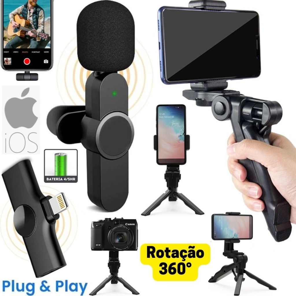 Kit Tripé Estabilizador Suporte 2 Em 1 Microfone Sem Fio Para iPhone Filmagem Video