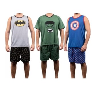 Pijama Masculino Adulto Regata Estampa Super Heróis Curto Verão