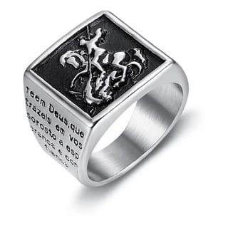 Anel Masculino Aço Inoxidável São Jorge Prateado Não Enferruja e Não Escurece Com Oração Dedeira e Anéis Masculinos - Oferta