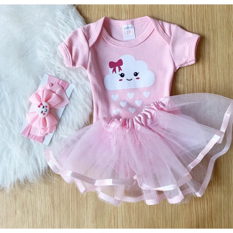 body luxo bebê Nuvem rosa Chuva de amor + saia + laço em Oferta na Shopee