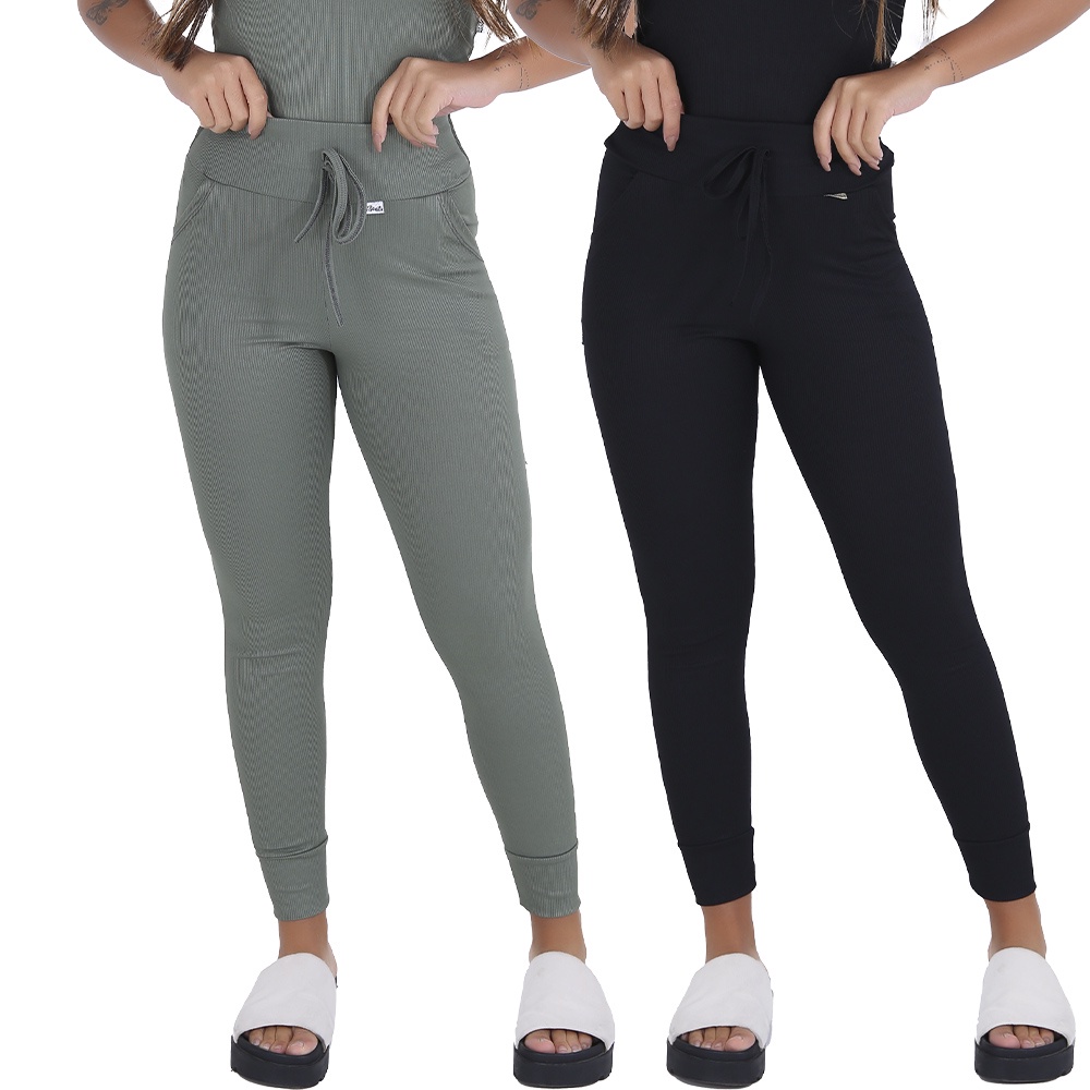 Kit 2 Calças Jogger Ribana Canelada Moda Feminina com Bolsos e Punho - Women Clothes