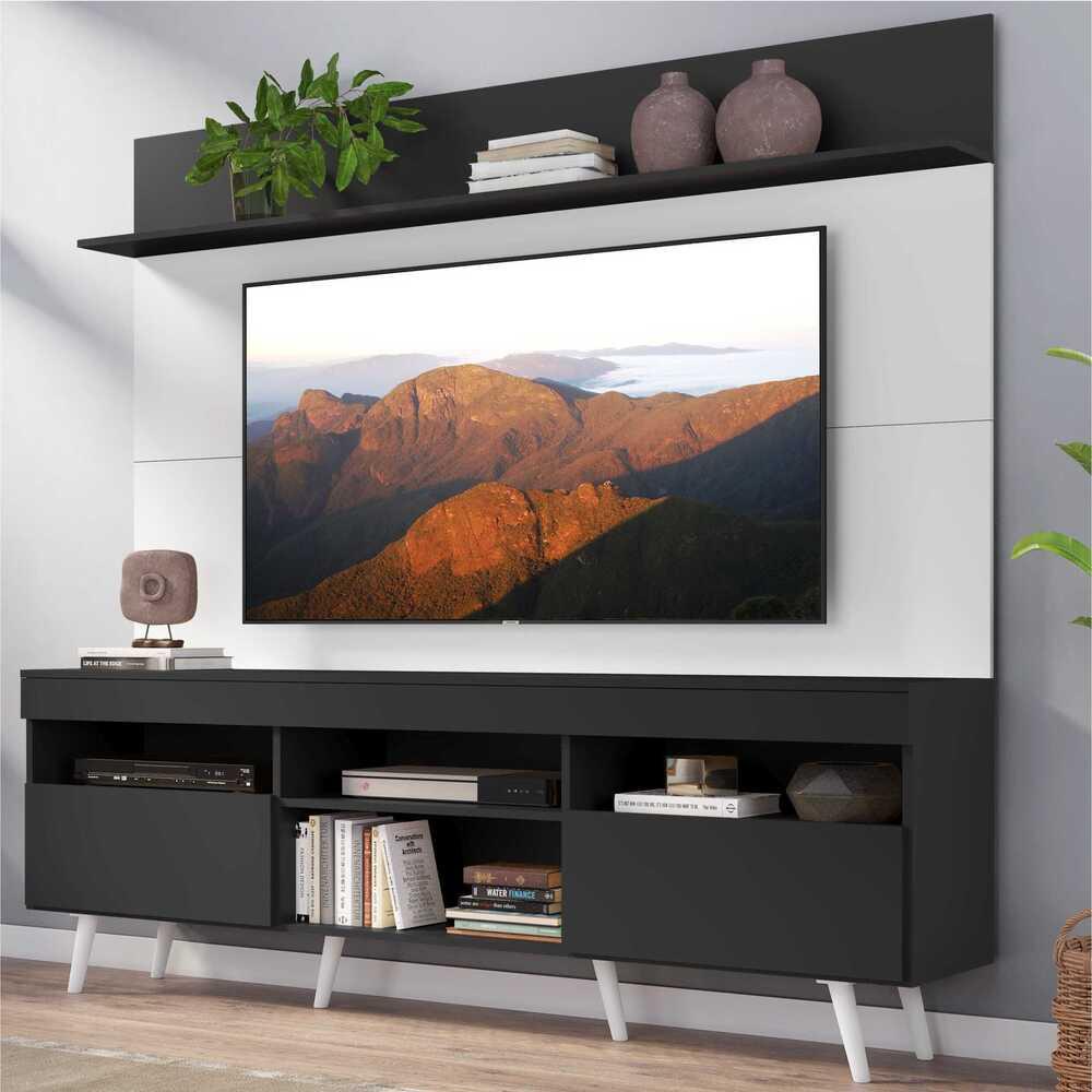 Rack com Painel TV 65" Madri Multimóveis Preto/Branco com Prateleira e Pés Retrô Branco - Home & Living