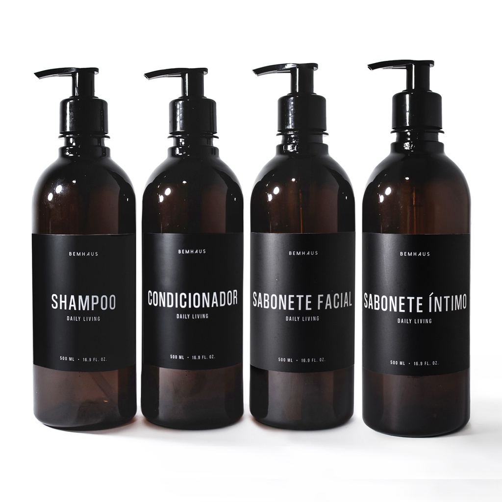 Pote Ambar 4 peças Dispenser Bemhaus Black Shampoo, Condicionador, Sabonete Íntimo, Sabonete Facial