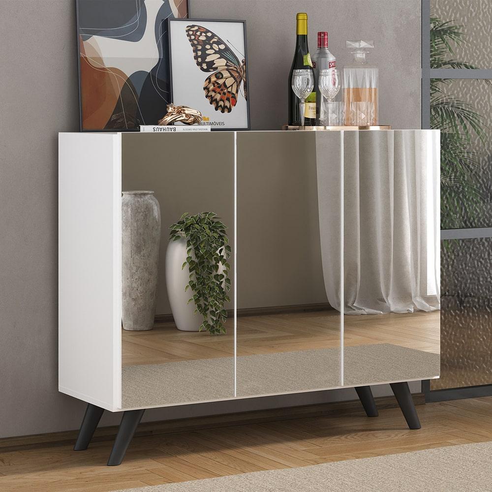 Aparador Buffet 3 Portas com Espelho Retrô Vegas Multimóveis MP1013 Branco/Preto em Oferta na Shopee