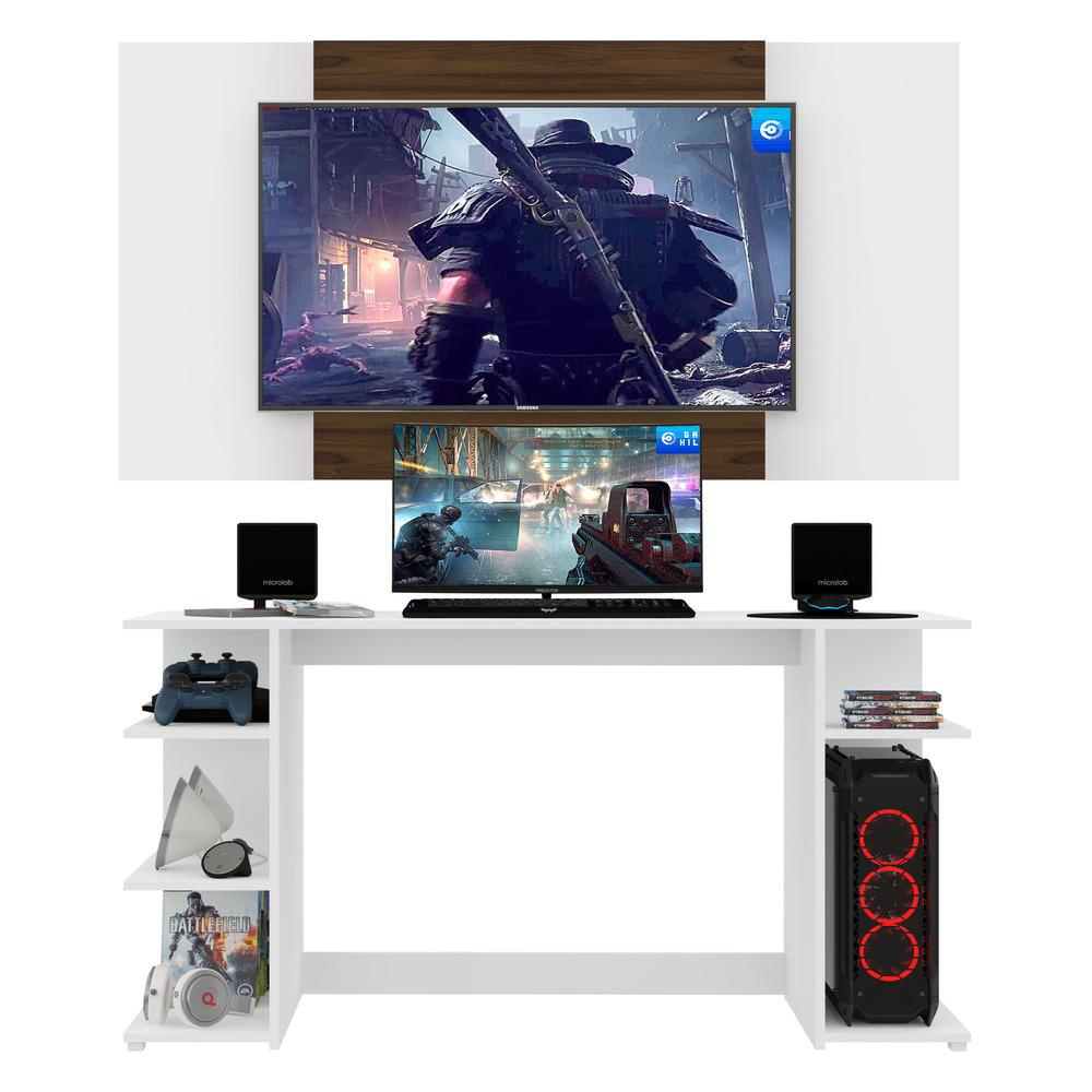 Mesa Gamer Escrivaninha com Painel TV 65" Guilda Multimóveis Branco/Madeirado