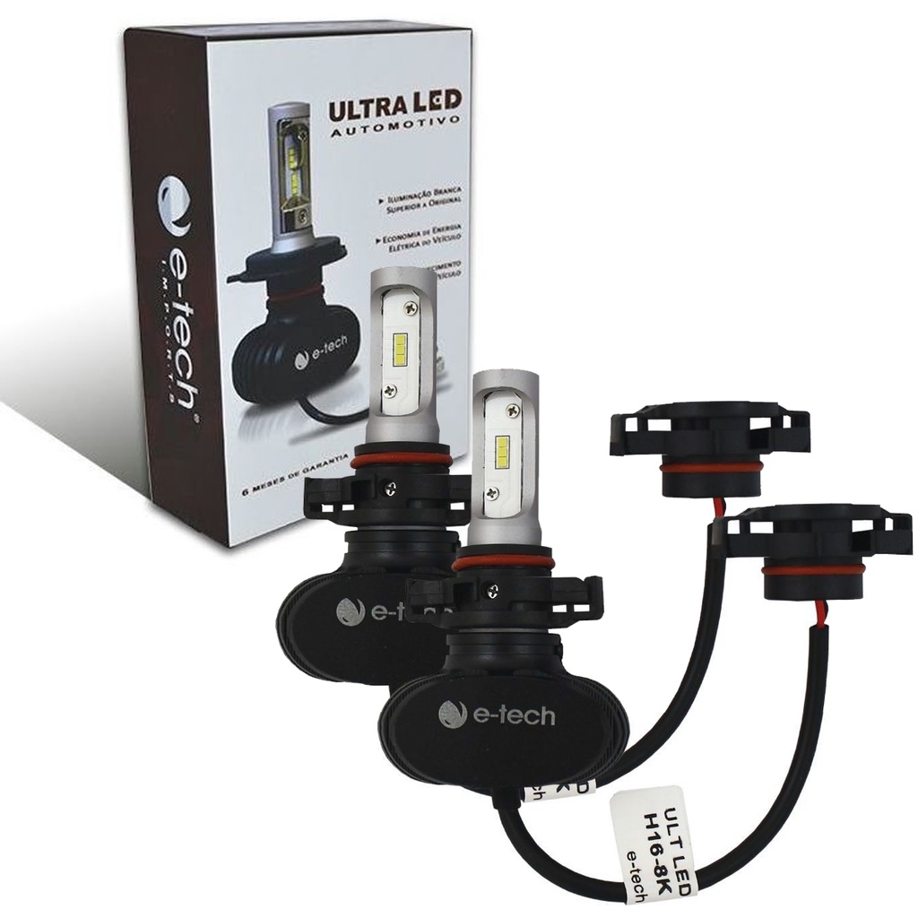 Par de Lâmpadas Super Led Encaixe H16 Tonalidade Branca 8000k 10 a 18V 3000 Lúmens - Marca E-Tech - Spare Parts and Accessories for Vehicles