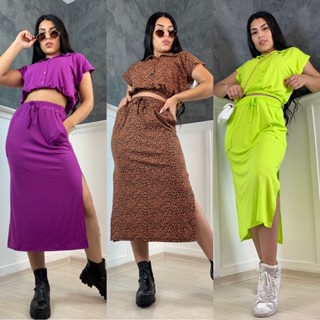 Conjunto Cropped e Saia Liso Moda Blogueira com Botões Bolso MIDI