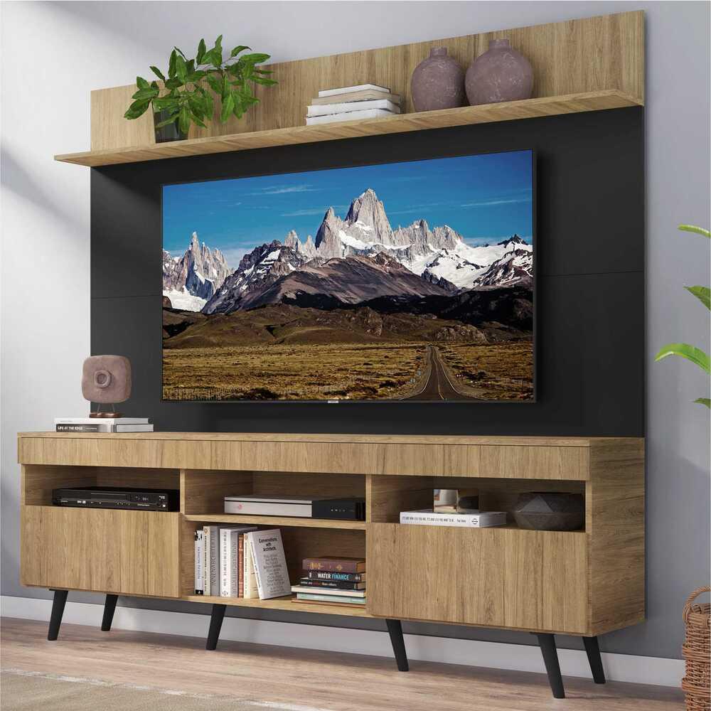 Rack com Painel TV 65" Madri Multimóveis Rustic/Preto com Prateleira e Pés Retrô Preto - Home & Living