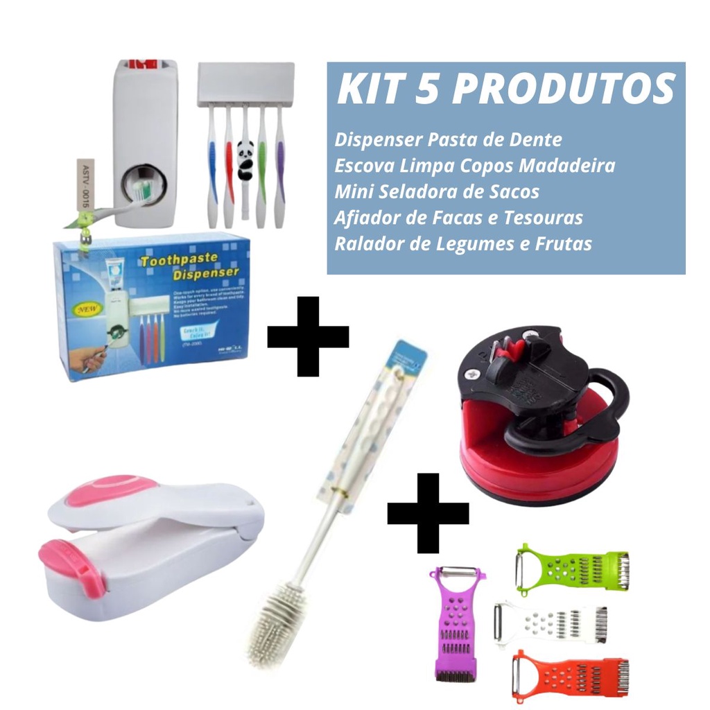 Kit com Dispenser pasta de dente, Mini Seladora de Sacos Afiador de Facas Escova Lavar Mamadeiras Ralador de Legumes