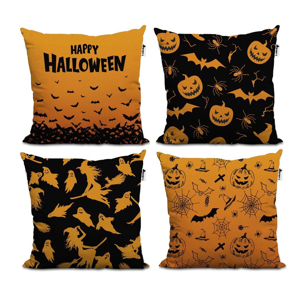 Kit 4 Capas De Almofadas Harry Halloween Preto E Laranja Decoração Promoção 45x45cm