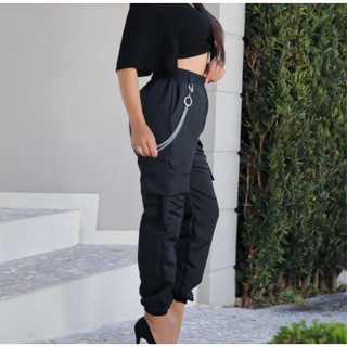 Calça Feminina Cargo Jogger Cinto Corrente Salopete Com Corrente Tactel Moda Gringa Unissex