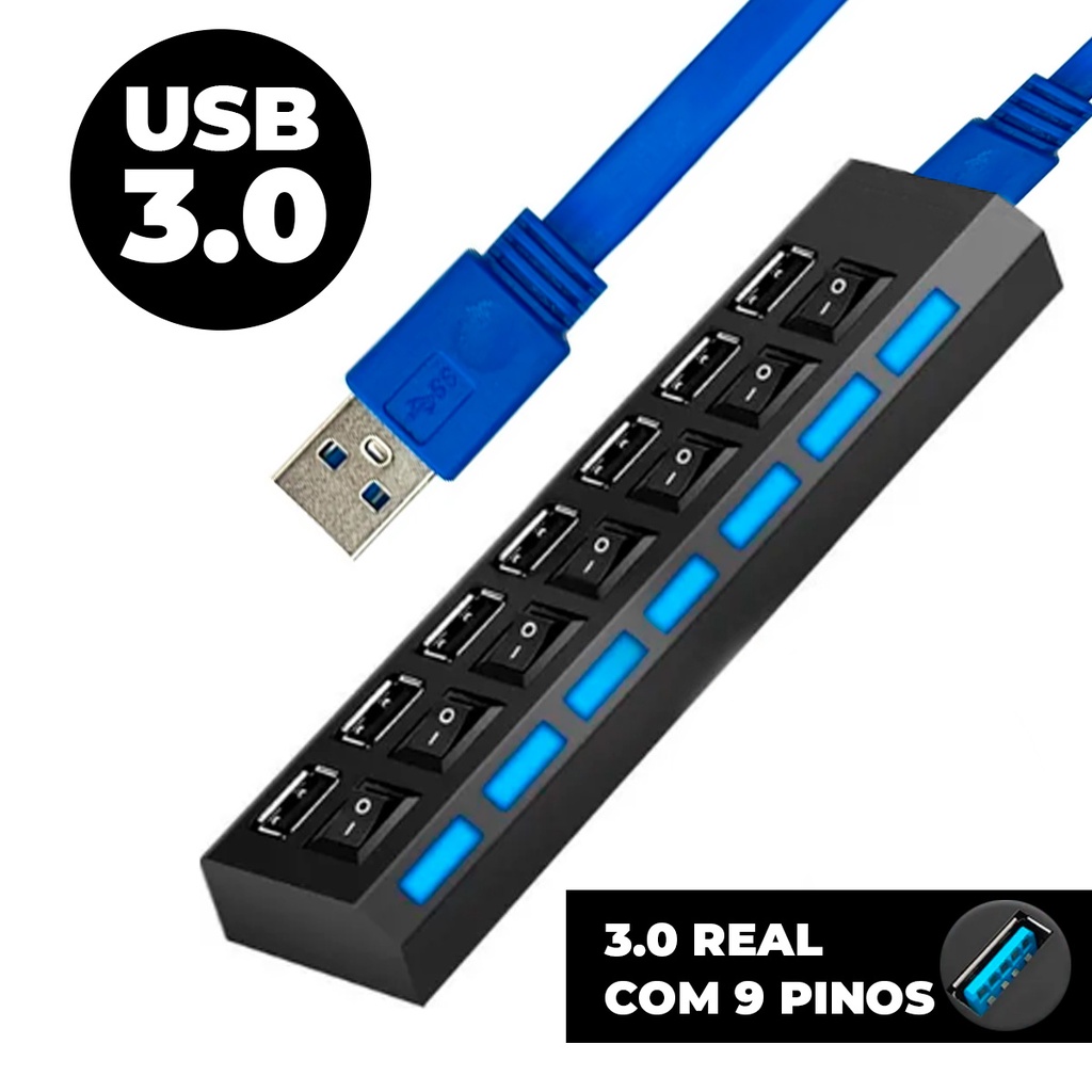 Régua Hub USB Com 7 Entradas 3.0 480mbps Excelente Taxa de Transferência Conecta Diversos Aparelhos Mouse Impressora HD Exerno Teclado