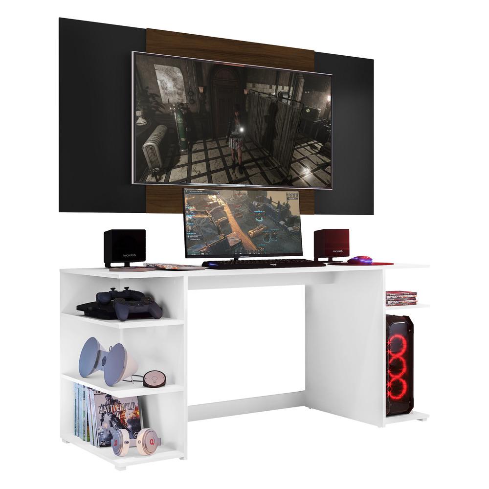 Mesa Gamer com Painel e Suporte TV 55" Guilda Multimóveis Branco/Preto/Madeirado