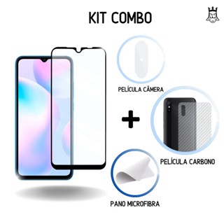 KIT REDMI 9 / 9A / 9C / MI 9T / NOTE 10 LITE / NOTE 8 / 8 PRO / 9 / 9S - Película 3D + Câmera + Traseira Carbono e Pano microfibra