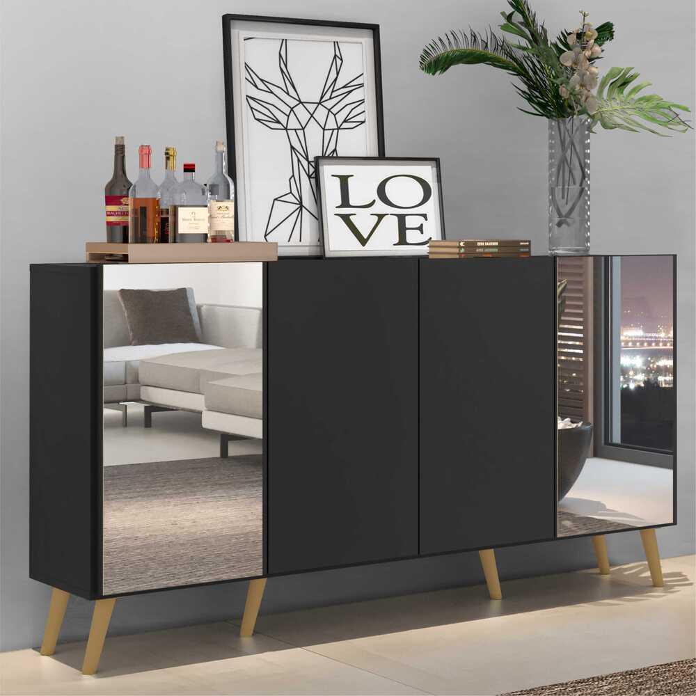 Aparador Buffet c/ Espelho e Pés Retrô Vegas Multimóveis Preto/Natural em Oferta na Shopee