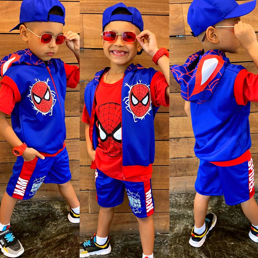 Kit Infantil Homem Aranha Conjunto 3 Peças Camiseta Colete e Bermuda