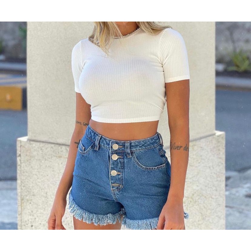 Blusa cropped feminino básico tecido canelado gola rasa manga curta elegante confortável