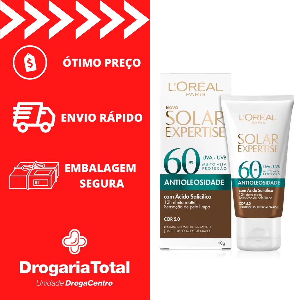 Protetor Solar Facial Loreal Expertise FPS 60 Antioleosidade Cor 5.0 Pele Negra