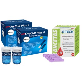 100 Tiras para Medição de Glicose On Call Plus 2 ( 2 TUBETES ) + 100 Lancetas 30G